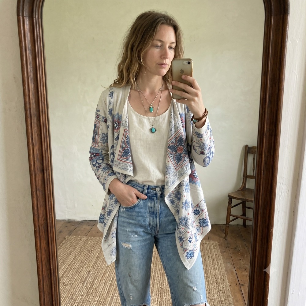 Sundance Womens Sweater Small Beige Floral‎ Embroidered Draped Boho Cardigan
